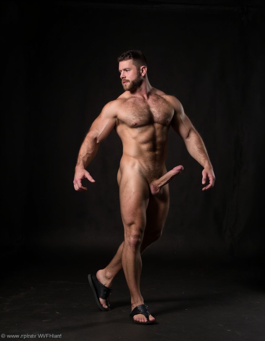 Austin Wolf, 40 años, 1.88m de altura, musculoso, cuerpo extremadamente marcado y definido, pectorales grandes y cuadrados, abdominales six-pack profundos, brazos gruesos y venosos, hombros anchos, trapecios marcados, piel blanca bronceada, pelo negro corto con rapado a los lados estilo fade, barba negra densa perfectamente recortada cubriendo mandíbula cuadrada, ojos marrones oscuros con mirada penetrante desafiante, rasgos faciales masculinos y angulosos, nariz recta, cejas gruesas, vello corporal negro medio en pecho bajando por abdomen, tatuajes en brazos y torso, manos atadas detrás de la espalda con cuerdas gruesas negras, collar de cuero negro con argolla de metal plateado al cuello, torso desnudo brillante de sudor con marcas de latigazos cruzando la espalda y hombros, expresión de sumisión forzada pero con actitud alfa contenida, mandíbula apretada, músculos tensos y flexionados, piernas musculosas muslos mostrando pene grande pronunciado, tiene pene de 20 cm de longitud y 8 cm de diámetro. Tiene sandalias negras en los pies. Iluminación dramática cenital tipo mazmorra BDSM, cadenas y ganchos colgando del techo de fondo, ambiente oscuro con tonos grises y negros, fotografía hiperrealista 8K. Tiene zapatos de tacón alto de color negro en los pies. Está muy contento de su cuerpo perfecto y levanta y flexiona los brazos para enseñar sus músculos bíceps. Está muy contento de tener el cuerpo perfecto que gusta a todos. Tiene sandalias en sus pies. Está agachado y se ve claramente su pene erecto de 18 cm de longitud con una sonrisa de alegría por tener un cuerpo perfecto. Manos arriba brazos hacia arriba flexionados enseñando músculos bíceps muy marcados. Tiene sandalias de color negro en sus pies y están a la vista. Está de espalda de culo y de perfil