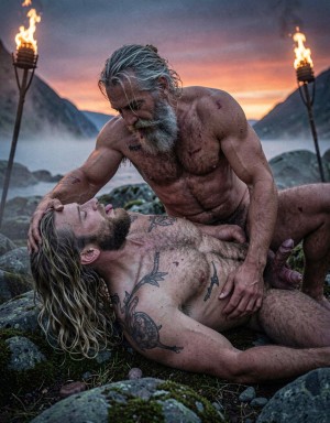 Amleth y Aurvandil. Dos vikingos desnudos abrazados en el suelo, revolcándose entre las rocas y el musgo, fiordo nórdico al anochecer, niebla baja densa envolviéndolos, antorchas de fuego real con llamas anaranjadas danzantes a los lados, contraluz crepuscular cielo degradando de azul profundo a naranja quemado y rojo carmín en el horizonte, iluminación cinematográfica cruda estilo Robert Eggers, paleta desaturada tonos tierra, grano analógico Kodak Vision3 500T 35 mm escaneado 8K, 8K UHD 7680x4320, textura de piel hiperdetallada, poros visibles, vello corporal, sombras profundas, altas luces sin quemar, contraste alto, lente anamórfica Panavision C-Series 40 mm T2.8, profundidad de campo reducida, desenfoque de fondo bokeh granular natural, viñeteado leve, nitidez absoluta, cero ruido digital, cero artefactos de compresión.

Anatomía humana perfecta: proporciones áureas 1:1.618, simetría bilateral exacta, cánones anatómicos reales, biomecánica humana correcta. Sin deformaciones, sin distorsiones, sin errores anatómicos, sin torsiones imposibles.

Vikingo veterano (48 años, 190 cm) encima, cuerpo musculado fibroso denso de guerrero envejecido, piel bronceada curtida arrugada, pelo gris plata largo despeinado, barba larga canosa espesa manchada de semen seco, bigote poblado, vello torácico extremadamente denso cubriendo pecho y abdomen, vello en hombros, espalda, brazos, piernas, vello púbico canoso. Múltiples cicatrices de batalla. Está tumbado parcialmente sobre el joven, apoyado en un codo, una mano enterrada en el pelo del joven, la otra en su nuca. Su rostro está inclinado hacia abajo, besando al joven con los ojos cerrados, la boca abierta, lenguas visibles entrelazadas, saliva brillante entre los labios. La barba del veterano roza la mejilla y la barba del joven. Su pene semierecto descansando contra el muslo del joven, glande aún húmedo, restos de semen en el tronco. Semen seco y fresco mezclado en su pecho velludo, abdomen, barba, muslos. Cuerpo sudado, brillo en la espalda y hombros.

Vikingo joven (29 años, 194 cm) debajo, cuerpo atlético musculado, piel pálida grisácea, pelo rubio sucio largo enmarañado esparcido sobre el musgo, barba espesa, vello torácico triangular denso, cicatriz cruzando el torso, tatuajes nórdicos negros azulados. Tumbado boca arriba sobre la tierra húmeda y el musgo, brazos rodeando la espalda del veterano, manos abiertas presionando las cicatrices y el vello de su espalda. Cabeza ladeada hacia arriba, ojos cerrados, boca abierta devolviendo el beso, lengua visible. Su pene aún semierecto contra el abdomen del veterano, glande rosado húmedo, restos de semen en el tronco y en su propia mano. Semen seco en su pecho y abdomen. Cuerpo sudado, brillo en el pecho y los brazos.

Pose: El veterano encima parcialmente, torso girado, una pierna entre las piernas del joven, la otra flexionada apoyada en el suelo. El joven debajo, piernas abiertas ligeramente flexionadas. Los dos cuerpos forman una sola forma entrelazada. Tierra y musgo manchados de semen y sudor bajo ellos. Rocas de granito alrededor, algunas cubiertas de musgo verde oscuro.

Expresiones: Ambos con los ojos cerrados, caras relajadas pero intensas, ceños fruncidos ligeramente por la emoción del beso, labios presionados el uno contra el otro, mandíbulas tensas, venas del cuello del veterano marcadas. La mano del veterano en el pelo del joven con los dedos abiertos, agarrando mechones rubios. La mano del joven en la espalda del veterano con los dedos presionando la piel.

Entorno: fiordo noruego al fondo borroso, agua gris azulada, montañas escarpadas con niebla baja, cielo crepuscular naranja carmín degradando a azul profundo con primeras estrellas, antorchas de hierro forjado a ambos lados con llamas reales naranja y amarillo, humo ascendiendo en espiral, rocas de granito con musgo, suelo de tierra húmeda y piedras pequeñas, niebla baja arremolinándose a nivel del suelo alrededor de los cuerpos.

Iluminación: luz cálida anaranjada de las antorchas bañando los cuerpos desde los lados y desde abajo, creando sombras profundas en los pliegues de la piel y los músculos, luz crepuscular azul fría iluminando los contornos desde atrás, resplandor del fuego reflejado en la piel sudada, la saliva y los ojos semicerrados. Sombras profundas, altas luces sin quemar, contraste alto.

Sin deformaciones, sin distorsiones, sin errores anatómicos. Perfección absoluta en cada forma corporal.