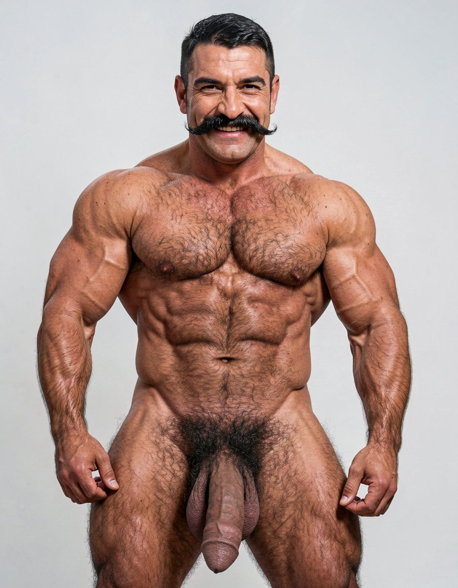 A powerful 35-year-old rural alpha male, 1.85m tall, 80kg, extremely dry and fibrous with 5% body fat, pure hard muscle that looks imposing. Square, hard masculine face with very prominent wide jaw, marked chin, high square cheekbones, slightly wrinkled forehead from frowning. Thick well-groomed black mustache with perfect alignment but noticeable volume, dense black eyebrows almost meeting in the center, small dark penetrating eyes with cold, disdainful, naturally arrogant look full of contempt. Straight somewhat wide nose, thin lips with permanent superior and arrogant expression as if about to spit on you. When he smirks sideways the mustache twists and deep wrinkles form on his cheeks making him look even more of a bastard. Sun-tanned golden skin with warm glow. Completely hairy torso covered in dense rough black hair that swirls thickest around dark hard nipples, wide shoulders and narrow waist in a perfect dominant triangle shape. Thick treasure trail of black hair running down defined abs, exploding into wild thick messy black pubic bush that covers the entire pubic area, surrounds the base of his heavy thick cock and climbs several centimeters up the lower belly and into the groin. Arms covered in black hair from shoulders to wrists, especially dense on forearms. Very hairy back and shoulders too. Massive 26cm even flaccid cock, 7cm thick diameter, heavy and hanging low between muscular thighs, dark brown skin tone darker than the rest of his body, heavily veined with one thick prominent vein running along the top, slightly rugose texture, very generous thick fleshy foreskin that completely covers the head forming a long heavy overhang with darker rim and shiny moisture visible at the opening. Large mushroom-shaped glans in dark pink-purple with very pronounced corona and wide piss slit, thick fleshy frenulum lighter in color. Heavy low-hanging scrotum with large balls, dark wrinkled skin completely covered in thick curly black hair, balls move freely inside the sack. Round high muscular ass with firm cheeks covered in black hair on top and between them, small tight hole surrounded by a visible ring of finer black hair. Extremely muscular veiny arms with big calloused working hands, high round biceps that bulge like hard balls with thick vein on top, very defined triceps with visible horse shoe, thick wide forearms full of cord-like veins, dense black hair on outer forearms. Powerful legs built for hard work and hard fucking: dense thighs with bulging vastus lateralis, separated quad sweeps, visible veins running from groin to knee, rock-hard hamstrings and defined tendons, diamond-shaped calves with two distinct hard heads covered in black curly hair. Dense rough black hair all over legs, thicker on upper thighs. Overall extremely dominant, arrogant rural stud with cold superior stare, thick black mustache and permanent smirk that says he owns you. Photorealistic, highly detailed, sharp focus, dramatic lighting that highlights every muscle, vein and hair.