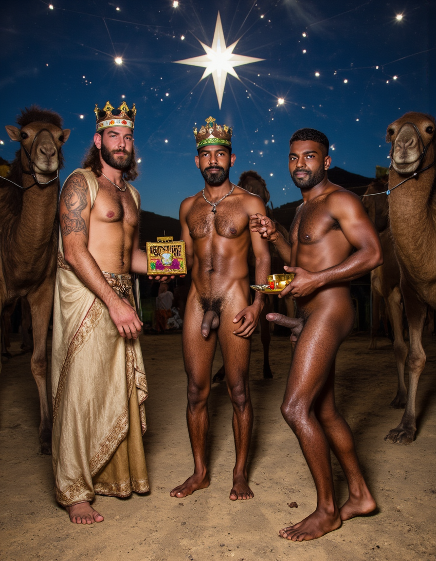 Los Reyes Magos:
Melchor es un hombre de 60 años, tiene una larga cabellera, tiene barba blanca, es de Europa. Está totalmente desnudo pero lleva corona de rey 👑, en sus manos lleva un cofre con oro. Tiene un cuerpo con músculos marcados y definidos. Tiene un pene erecto de 36 cm de longitud y 7 cm de diámetro. Tiene mucho vello corporal blanco. 💪🏼

Gaspar es un hombre de 30 años con rasgos asiáticos y una barba rubia, está totalmente desnudo pero lleva una corona de rey 👑, tiene un cuerpo atlético y vigoroso, tiene mucho vello corporal rubio, tiene una bandeja con incienso en sus manos. 👑💪🏼
Baltasar es un hombre de 45 años de edad proviene de África, tiene piel oscura, es moreno, lleva un tarro de mirra. Tiene cuerpo atlético con músculos muy marcados, tiene mucho vello negro rizado por todo el cuerpo, su cabello es abundante rizado y negro, tiene una barba negra abundante, tiene un enorme pene erecto de 40 cm de longitud y 9 cm de diámetro. 👑
En el fondo hay tres camellos y la estrella de Oriente, y muchas pequeñas estrellas de colores. En el suelo está escrito: “Reyes de Oriente” en español.