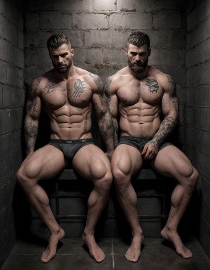Hombres atractivos y musculosos en ropa interior, sentados en catres metálicos, en una celda de prisión oscura y sombría, con paredes de piedra frías y barrotes de hierro oxidados, iluminación tenue y sombras profundas, expresiones de desesperanza y resignación, ropa interior blanca y gris, cuerpos tonificados y definidos, tatuajes visibles en los brazos y torsos, cabello despeinado y barbas incipientes, ambiente de desolación y abandono, texturas realistas y detalles precisos, iluminación dramática y sombreado intenso.
