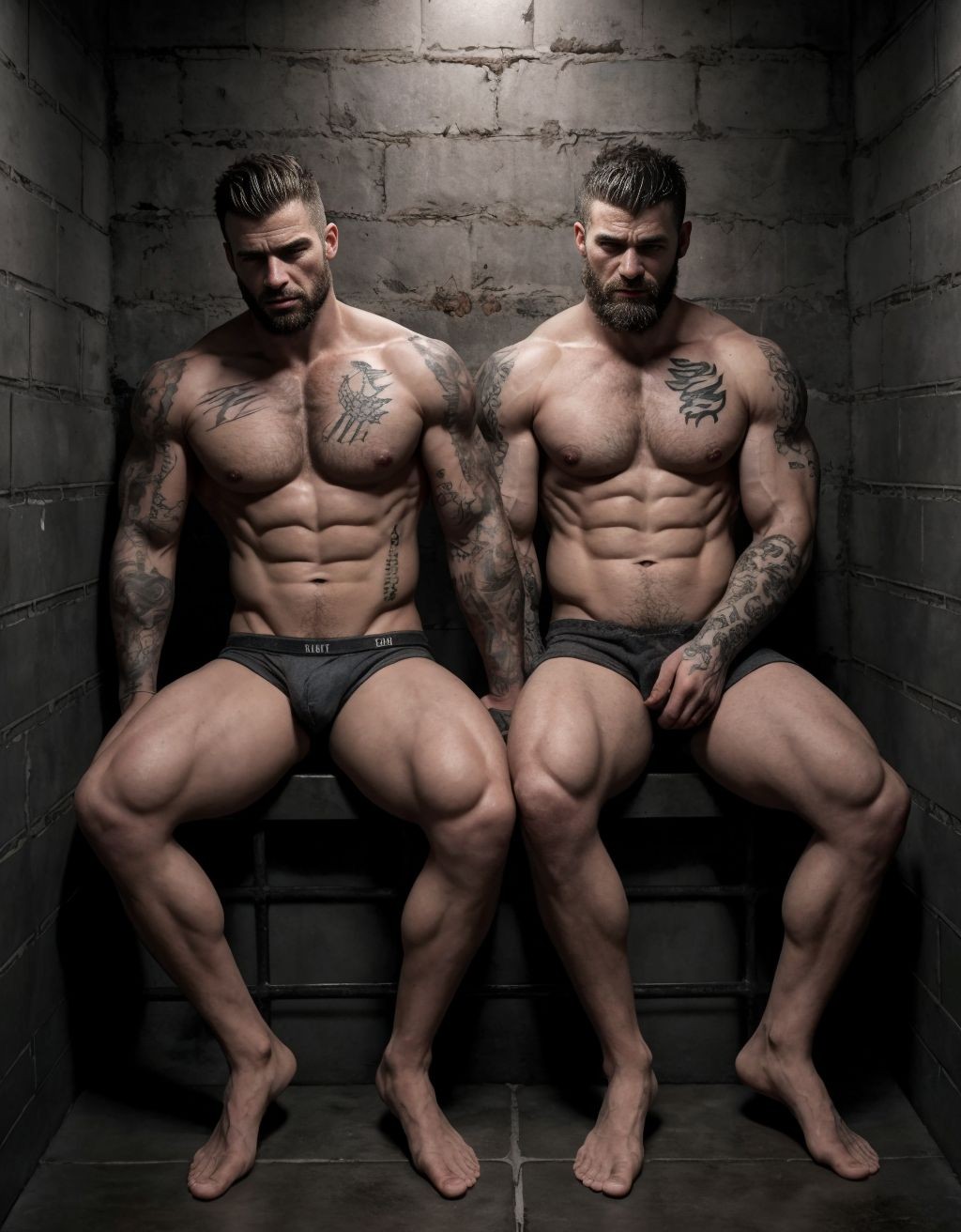 Hombres atractivos y musculosos en ropa interior, sentados en catres metálicos, en una celda de prisión oscura y sombría, con paredes de piedra frías y barrotes de hierro oxidados, iluminación tenue y sombras profundas, expresiones de desesperanza y resignación, ropa interior blanca y gris, cuerpos tonificados y definidos, tatuajes visibles en los brazos y torsos, cabello despeinado y barbas incipientes, ambiente de desolación y abandono, texturas realistas y detalles precisos, iluminación dramática y sombreado intenso.