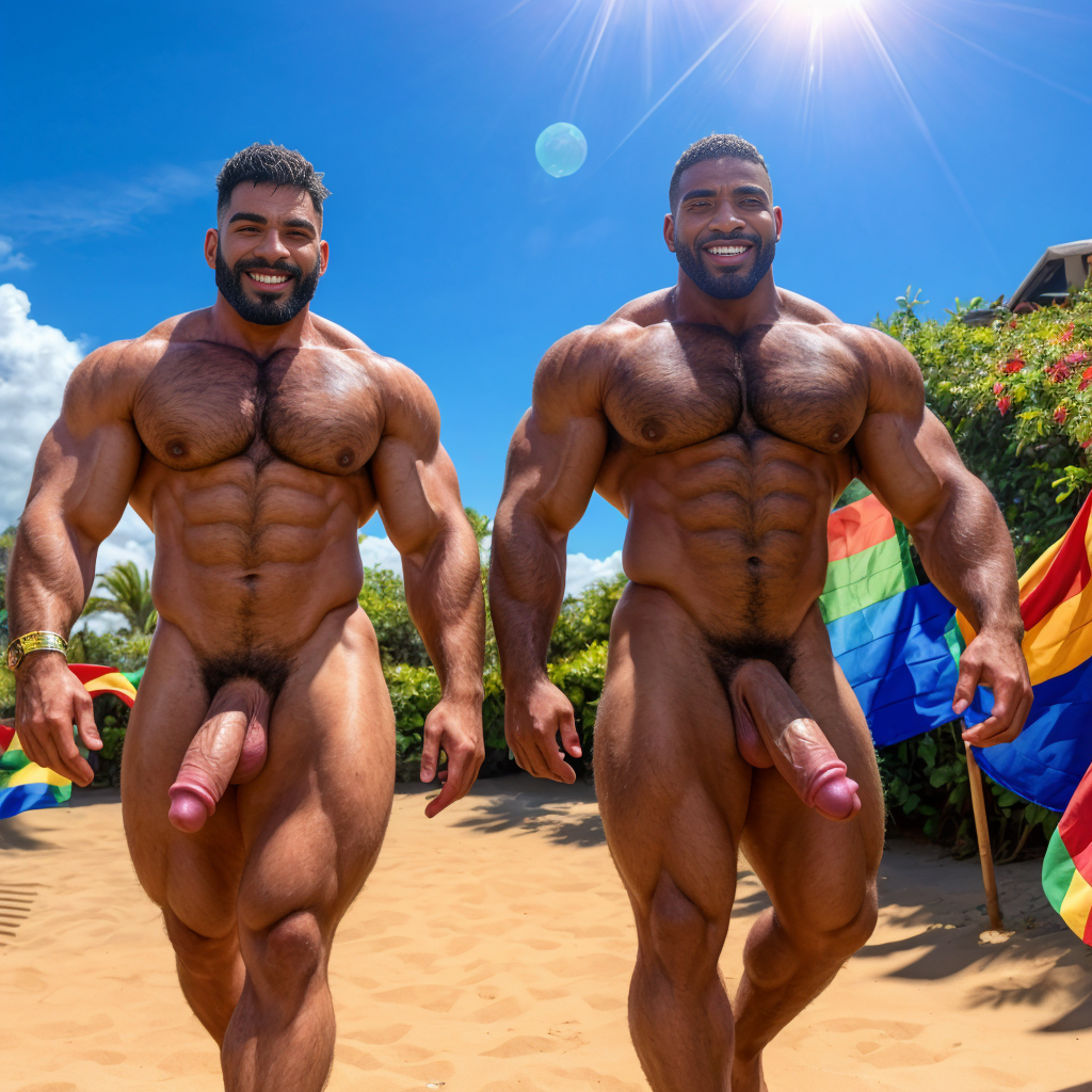 Dos hombres machos musculosos desnudos muy viriles con pene grande y testículos grandes y peludos. Caminando 10 🩴 🩴 🌞 🏳️‍🌈🇦🇫