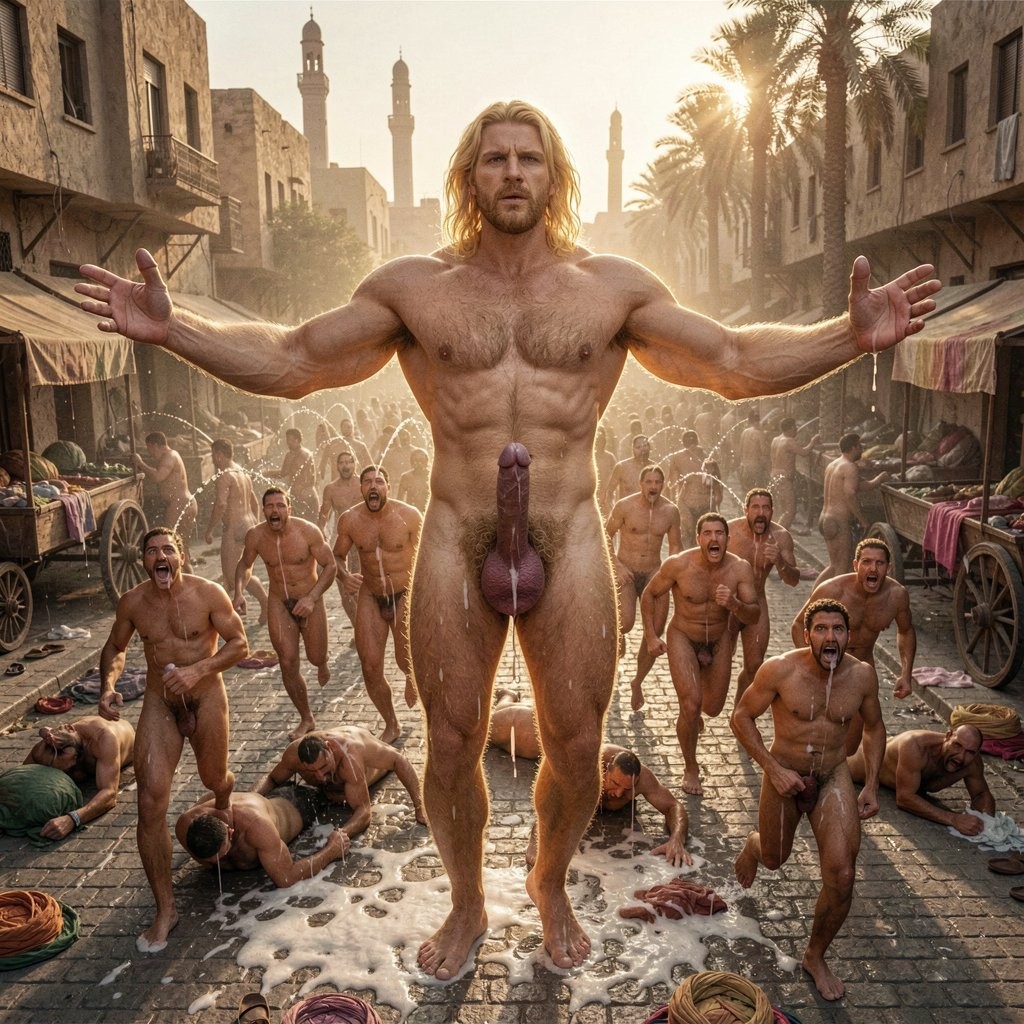 Hyperrealistic color photograph, 1938 Kodachrome style, razor-sharp focus, zero deformities, zero anatomical errors, zero warping, zero distortions. Cinematic extreme wide shot from elevated angle overlooking a Cairo avenue at golden hour.

ERROL NEPTUNO — colossal divine figure, 2.20 meters tall, completely naked, standing motionless in the center of the frame with arms spread wide like a god receiving worship. Golden aura blazing around his entire body. Massive muscular frame covered in thick golden blonde body hair, chest a wild pelt, arms enormous, legs like pillars. His PENIS — fully erect, 25cm, circumcised, rock hard, veins bulging, glans dark pink-purple, pointing straight out. Heavy testicles hanging low. Thick curly golden pubic bush rising to navel.

AROUND HIM — HUNDREDS of Egyptian men of all ages running in every direction, completely naked, their faces twisted in TERROR, mouths open screaming, eyes wide with pure fear. They push each other, trample the fallen, crawl over bodies. But every single one of them, despite trying to flee, has an ERECT PENIS SHOOTING THICK WHITE SEMEN uncontrollably in arcs and streams. Semen sprays everywhere — across the cobblestones, over overturned carts, on the walls of buildings. Some men stumble and fall, still ejaculating. Some grab their own penises trying to stop it but cannot. Cum covers the streets like a white flood. Their asses are all gaping and red, still dripping from being fucked.

The street is chaos: abandoned market stalls, overturned donkey carts, scattered fabrics, turbans, sandals. Minarets and palm trees in background. Sunset casting long dramatic shadows.

Hundreds of naked terrified men ejaculating uncontrollably while fleeing. Cum spraying. Cum pooling. Pure divine terror and sexual submission.

Golden hour light, warm amber tones, dust haze, chaotic composition showing magnitude of panic. Full scene. No deformities. Perfect anatomy.