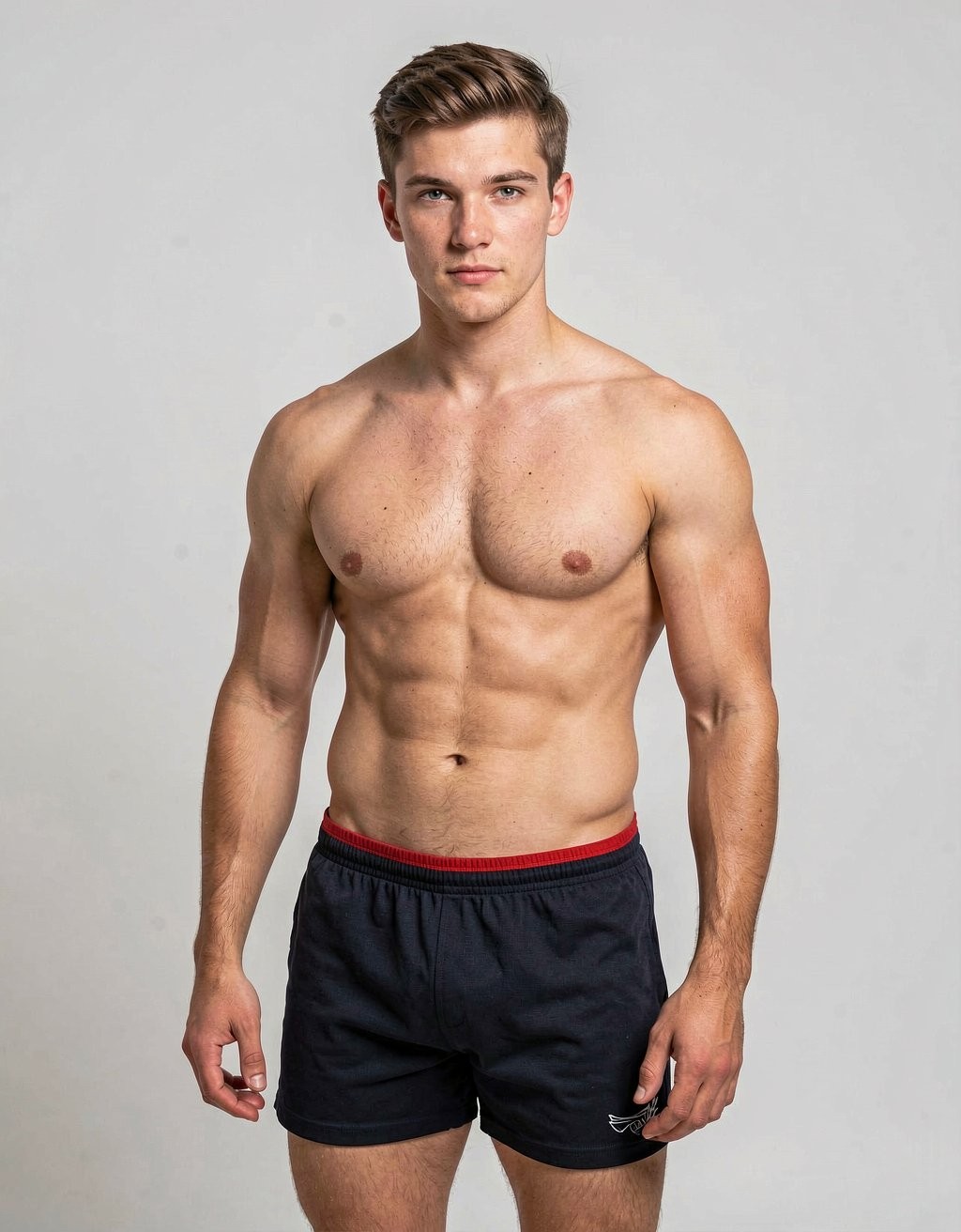 Young man with an athletic build posing standing in front of a light gray studio background, shirtless with defined musculature in his chest, abdomen, shoulders, and arms. He wears black athletic shorts with a red elastic waistband, leaving his legs visible, and maintains a relaxed frontal posture with his arms at both sides of his body. His expression is serious and neutral, looking directly at the camera, with short brown hair styled to one side. The even lighting highlights the muscular definition, the fitness look, and the minimalist sports portrait style.
