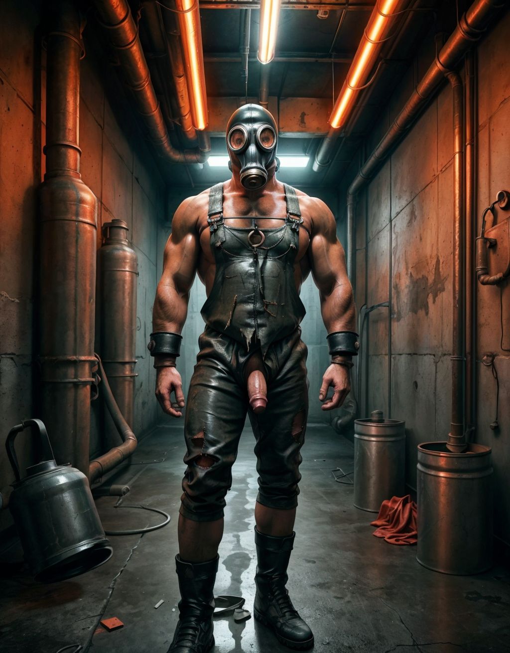 Hombre desnudo con máscara de gas, standing en una mazmorra industrial oscura, grilletes en muñecas, ropa rota, suelo de hormigón, tuberías oxidadas, atmósfera tóxica, piel sudorosa, musculoso, con pene visible, luz tenue de lámparas industriales.