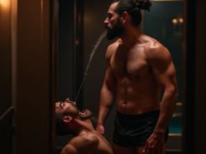 Un hombre musculoso de unos 40 años con barba y cabello oscuro, se encuentra de pie en una habitación oscura y lujosa, con una iluminación tenue que resalta su figura. Lleva un par de pantalones cortos de cuero negro y nada más, mostrando su torso musculoso y velloso. Su pene erecto es prominente y apunta hacia arriba, con gotas de sudor resbalando por su piel. 

En el suelo, a sus pies, se encuentra un hombre sumiso de unos 30 años, con el cabello rapado y una barba incipiente, que mira hacia arriba con ojos sumisos y una expresión de deseo. Está arrodillado y con la boca abierta, lista para recibir el semen que el hombre de pie está a punto de eyacular. La cabeza del sumiso está inclinada hacia atrás, con la lengua extendida y los labios separados, esperando el momento exacto en que el hombre eyacule en su boca.

El hombre de pie tiene los ojos cerrados y la cabeza hacia atrás, con el torso tenso y los músculos contruidos, mientras se prepara para eyacular. Su pene late con fuerza y está a punto de explotar, con el semen a punto de salir disparado hacia la boca del sumiso. La escena es de una intensidad sexual extrema, con un foco total en el momento del eyaculación y la sumisión del hombre de rodillas. La imagen es hiperrealista, con detalles de alta calidad y una iluminación que resalta cada gota de sudor y cada músculo tenso.