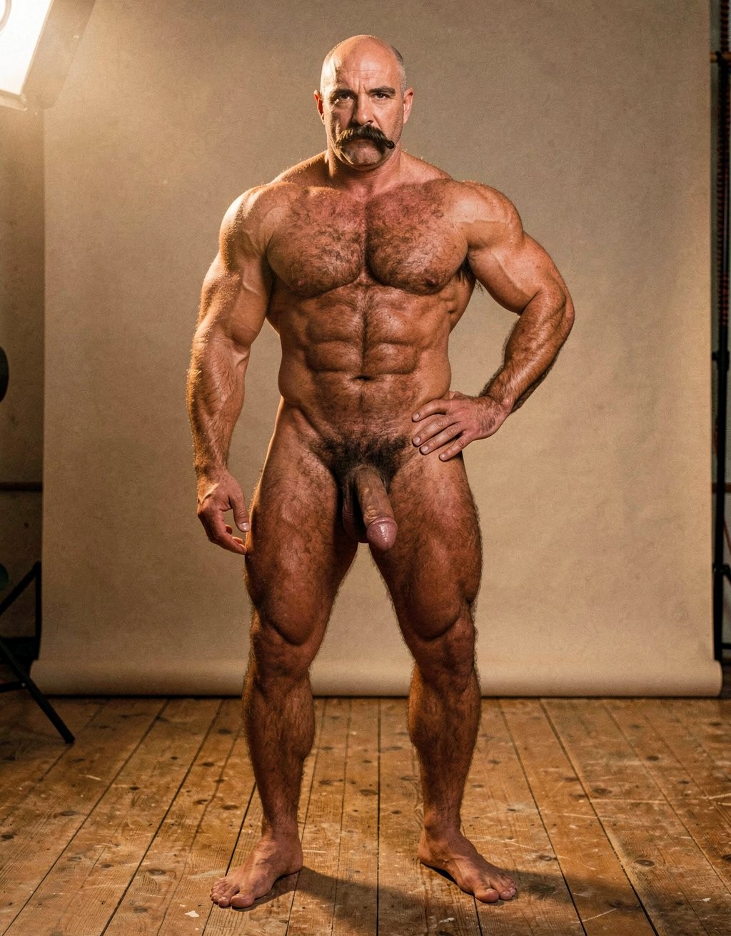 Nude man, bald and with a thick mustache, posing standing in a photography studio with a beige background and wooden floor, lit by warm side lighting that highlights his extremely defined musculature. His body appears covered in hair, with a broad chest, defined abs, very developed arms and legs, adopting a firm bodybuilding pose with one hand resting on his hip and the other relaxed beside his thigh. The penis is visible in the center of the composition, reinforcing the frontal and unclothed nature of the scene, while the vertical framing emphasizes physical strength, bodily symmetry, and the aesthetic of an athletic male portrait.