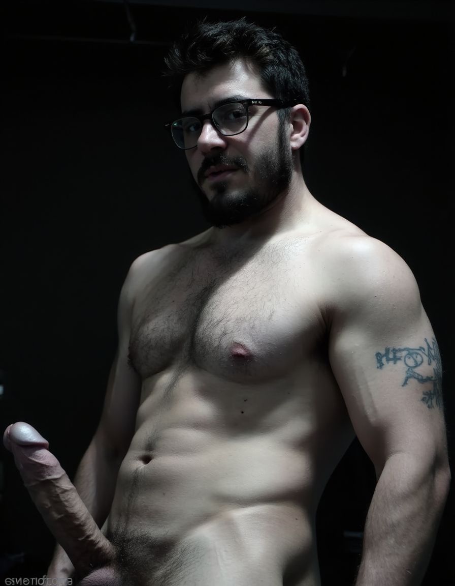 Fotografía hiperrealista en blanco y negro de un hombre adulto musculoso a la vista desde las rodillas para arriba hasta la cabeza, cuerpo muy delgado con musculación marcada y definida, rostro masculino, totalmente desnudo con polla erecta de treinta centímetros de longitud y ocho centímetros de diámetro, tiene rasgos marcados duros expresivos, barba densa poblada tupida oscura estilo hipster cubriendo completamente mandíbula mentón mejillas con grosor uniforme textura abundante muy definida, bigote denso tupido oscuro conectado perfectamente con la barba completa cubriendo completamente el labio superior, pelo oscuro medio peinado completamente recto hacia arriba con volumen considerable estilo hipster moderno quiff puntas verticales texturizadas hacia el cielo con altura prominente, cejas gruesas oscuras pobladas muy marcadas definidas, gafas de montura completa negra cuadradas grandes estilo hipster moderno sobre el puente de la nariz enmarcando unos ojos oscuros intensos que miran directamente a cámara con expresión seria penetrante confiada, expresión facial seria masculina sin sonrisa con mirada directa desafiante, pómulos marcados definidos angulares, nariz recta proporcionada, labios medios apenas visibles completamente cubiertos por bigote denso que conecta con la barba hipster completa, torso desnudo muy musculoso con pectorales enormes desarrollados y definidos, hombros anchos musculosos deltoide prominentes, brazos musculosos gruesos con bíceps y tríceps marcados visibles a ambos lados del cuerpo, abdomen tonificado marcado visible desde la cintura, piel con textura realista detallada poros imperfecciones sutiles, vello corporal denso oscuro abundante cubriendo pectorales abdomen brazos hombros con textura natural masculina muy visible, tatuaje en tinta negra en el bíceps del brazo derecho con la palabra exacta 