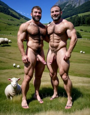 Dos hombres desnudos musculosos velludos son pastores de ovejas en el prado verde. Tienen un pene grande perfecto y bonito. Tienen los testículos grandes y peludos. Están contentos y felices. Tiene sandalias en los pies. Están sobre la hierba del prado. Levantan el brazo derecho para lanzar una piedra hacia las ovejas del rebaño.