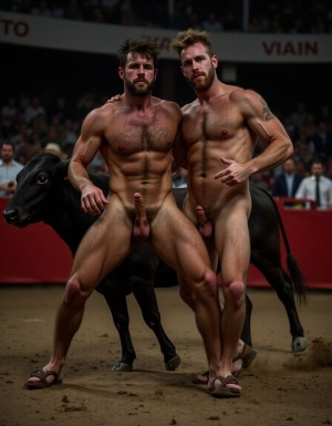 Un torero español musculoso y velludo de 50 años, con torso atlético y marcado, se muestra completamente desnudo, destacando su pene de 30 cm de longitud y 5 cm de grosor, perfectamente formado y rodeado de un denso vello púbico castaño oscuro. Sus testículos, perfectamente formados, cuelgan de forma prominente. La piel bronceada y sudorosa resalta su musculatura definida, con pectorales y abdominales bien marcados y sin grasa. El cabello largo y castaño oscuro está despeinado y sudoroso, con gotas de sudor resbalando por su frente y mejillas. Una barba incipiente y un vello corporal denso que se extiende por su pecho, piernas y brazos completan su apariencia viril. Lleva sandalias marrones en sus pies.

A su lado, un hombre musculoso y velludo de 30 años, completamente desnudo, muestra un pene erecto de 30 cm de longitud y 4 cm de grosor, hermoso y perfecto, rodeado de un denso vello púbico pelirrojo. Su piel bronceada y sudorosa muestra una musculatura definida, con pectorales y abdominales muy marcados. Tiene cabello pelirrojo despeinado y sudoroso. Tiene una barba pelirroja densa pero bien recortada. El vello corporal pelirrojo denso cubre su pecho, y tiene mucho vello pelirrojo en sus piernas y brazos, lo que realza su apariencia masculina y atlética. Están corriendo en la plaza de toros con un toro

Ambos hombres se encuentran en una plaza de toros, con sombras que resaltan su musculatura y vello corporal, creando un ambiente sensual y cargado de tensión. Están en pleno acto de pasión, con sus penes erectos y testículos prominentes ,destacando su musculatura, vello corporal y atributos viriles en una imagen impactante y llena de energía. La escena está llena de sensualidad y poder, con los dos hombres como protagonistas, en un ambiente cargado de pasión y erotismo. La imagen es híper realista, con detalles de alta calidad, y muestra la unión de los dos hombres en un acto de pasión y dominio, con sus cuerpos musculosos y velludos completamente desnudos y visibles, mostrando su excitación y pasión en cada detalle. Tienen sus penes erectos, desde la uretra del glande del pene eyaculan semen blanco lanzado en abundancia.