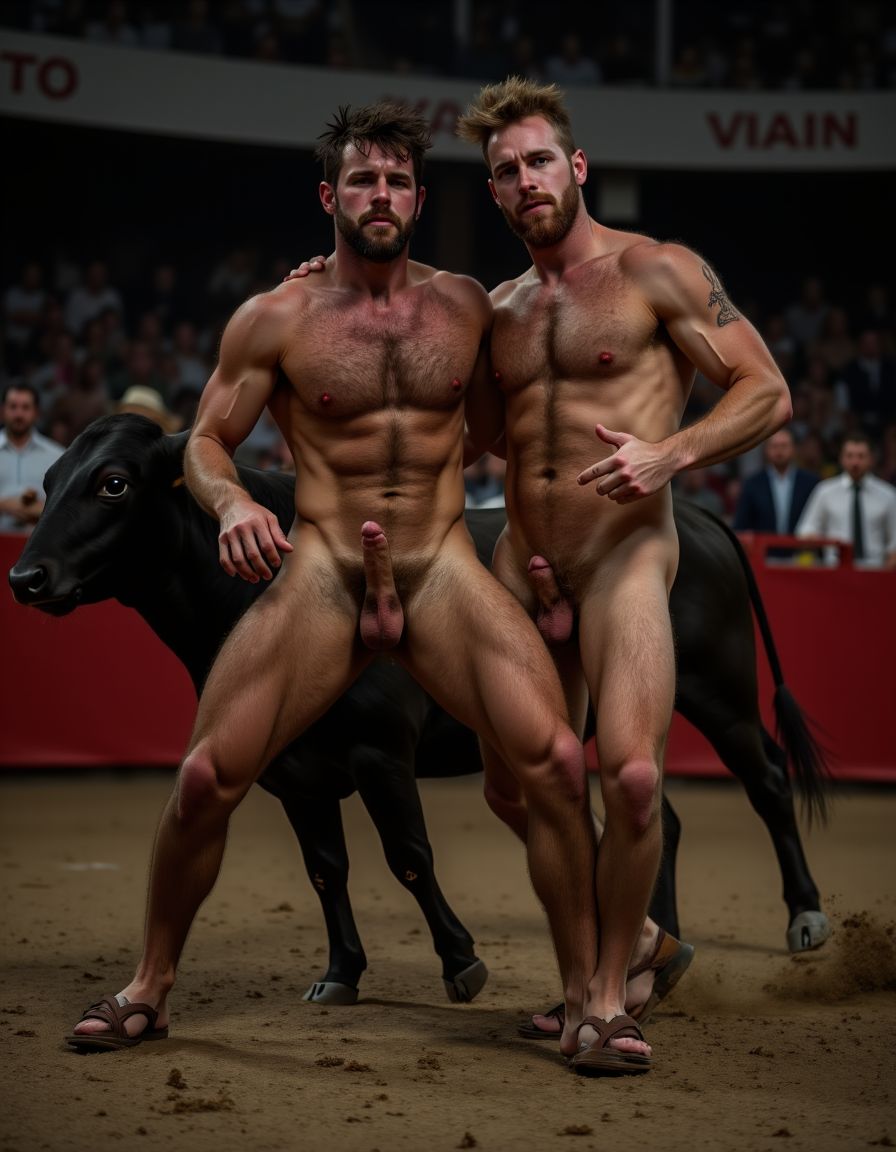 Un torero español musculoso y velludo de 50 años, con torso atlético y marcado, se muestra completamente desnudo, destacando su pene de 30 cm de longitud y 5 cm de grosor, perfectamente formado y rodeado de un denso vello púbico castaño oscuro. Sus testículos, perfectamente formados, cuelgan de forma prominente. La piel bronceada y sudorosa resalta su musculatura definida, con pectorales y abdominales bien marcados y sin grasa. El cabello largo y castaño oscuro está despeinado y sudoroso, con gotas de sudor resbalando por su frente y mejillas. Una barba incipiente y un vello corporal denso que se extiende por su pecho, piernas y brazos completan su apariencia viril. Lleva sandalias marrones en sus pies.

A su lado, un hombre musculoso y velludo de 30 años, completamente desnudo, muestra un pene erecto de 30 cm de longitud y 4 cm de grosor, hermoso y perfecto, rodeado de un denso vello púbico pelirrojo. Su piel bronceada y sudorosa muestra una musculatura definida, con pectorales y abdominales muy marcados. Tiene cabello pelirrojo despeinado y sudoroso. Tiene una barba pelirroja densa pero bien recortada. El vello corporal pelirrojo denso cubre su pecho, y tiene mucho vello pelirrojo en sus piernas y brazos, lo que realza su apariencia masculina y atlética. Están corriendo en la plaza de toros con un toro

Ambos hombres se encuentran en una plaza de toros, con sombras que resaltan su musculatura y vello corporal, creando un ambiente sensual y cargado de tensión. Están en pleno acto de pasión, con sus penes erectos y testículos prominentes ,destacando su musculatura, vello corporal y atributos viriles en una imagen impactante y llena de energía. La escena está llena de sensualidad y poder, con los dos hombres como protagonistas, en un ambiente cargado de pasión y erotismo. La imagen es híper realista, con detalles de alta calidad, y muestra la unión de los dos hombres en un acto de pasión y dominio, con sus cuerpos musculosos y velludos completamente desnudos y visibles, mostrando su excitación y pasión en cada detalle. Tienen sus penes erectos, desde la uretra del glande del pene eyaculan semen blanco lanzado en abundancia.