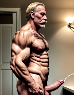 Hombre de 50 años, moreno, desnudo, delgado, pene erecto, testículos grandes y velludos, pecho y brazos velludos, cara delgada, cabello rubio, trasero perfecto, atractivo y viril, mentón grande, hoyuelo, músculos definidos, bigote, perfil, masturbación. Masturbación. Es visible todo el cuerpo. Cuerpo delgado.