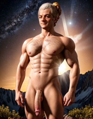 Wolfgang Amadeus Mozart de cuerpo entero de pie desnudo musculoso. Tiene un pene muy grande. Tiene dos testículos grandes. Tiene mucho vello en el cuerpo. Musculoso. Foto muy realista texturas 8k. Rodeado de estrellas y el sol reluciente que ilumina la cara y todo el cuerpo.