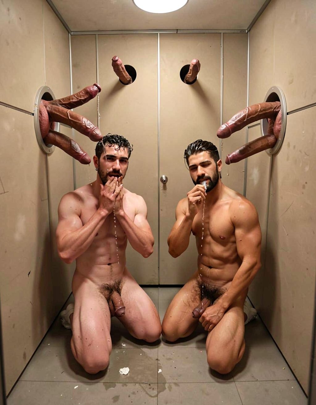 Dos hombres desnudos y musculosos están arrodillados en el suelo de una cabina estrecha de paredes beige, con aspecto de baño o cuarto cerrado, bajo una luz circular de techo. Ambos tienen barba, vello corporal y el pene visible; uno se toca la boca con los dedos mientras caen gotas de líquido por su pecho, y el otro sostiene algo junto a los labios con una expresión calmada. A ambos lados de las paredes sobresalen varios penes erectos a través de orificios circulares, algunos cubiertos de líquido, creando una escena sexual explícita de tipo glory hole. El suelo aparece húmedo y manchado, reforzando el ambiente crudo, claustrofóbico y pornográfico de la composición.