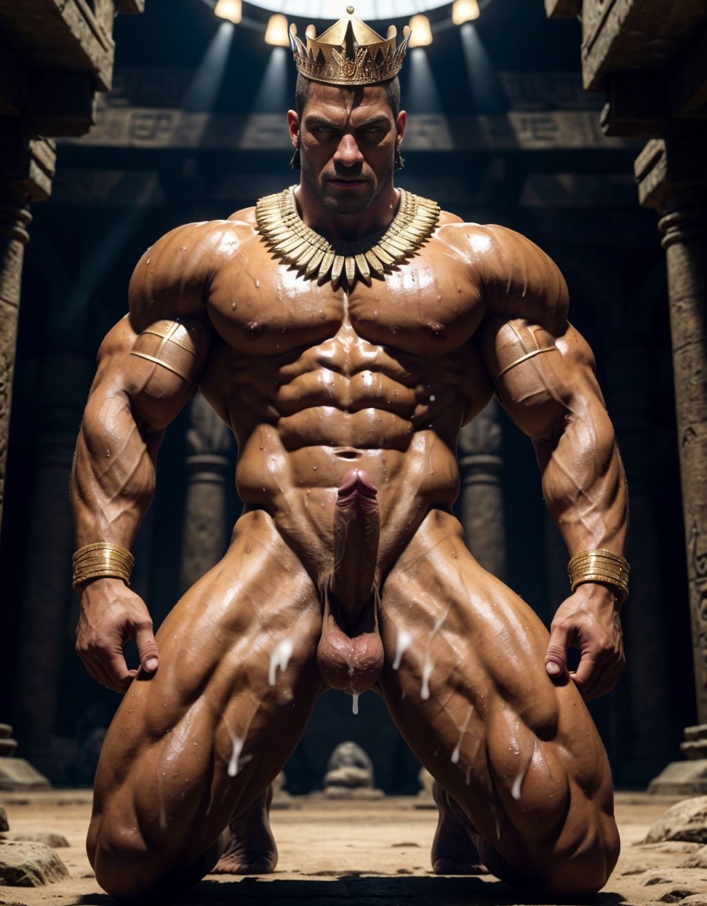 Ramsés 2 desnudo, corona de oro brillante, testículos prominentes, pene erguido y erecto, cuerpo musculoso y sudoroso, rodeado de soldados desnudos con piel bronceada y musculosa. Tres guerreros musculosos flanquean al faraón, un esclavo arrodillado con carne fuerte y sudorosa, armas y escudos al fondo, ambiente intenso y primitivo, iluminación dramática con sombras profundas y texturas realistas.