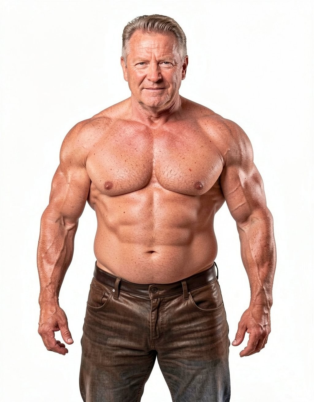 Hombre maduro de complexión muy musculosa posando de frente sobre un fondo blanco, con el torso desnudo y una expresión serena y segura. Destacan sus hombros anchos, brazos definidos, pectorales voluminosos, abdomen marcado y venas visibles en los antebrazos, rasgos propios de un físico trabajado de culturismo o fitness. Lleva el pelo corto y peinado hacia atrás, de color rubio canoso, y viste unos vaqueros oscuros de aspecto desgastado con cinturilla baja. La iluminación uniforme resalta la textura de la piel, la masa muscular y la postura firme, con los brazos relajados a ambos lados del cuerpo.