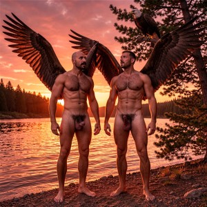 Two naked, muscular men, with large dark bird wings spread on their backs, stand on the rocky shore of a lake at sunset, looking at each other with serious expressions in a mythological fantasy scene. Their athletic bodies are illuminated by the orange light of the low sun, with the torso, defined abdomen, pubic hair, and flaccid penis visible from the front. One is bald and bearded, the other has short hair and a trimmed beard. Behind them, the water reflects reddish and golden tones, a coniferous forest surrounds the landscape, and an eagle perched on a branch reinforces the wild, epic, and supernatural atmosphere.
