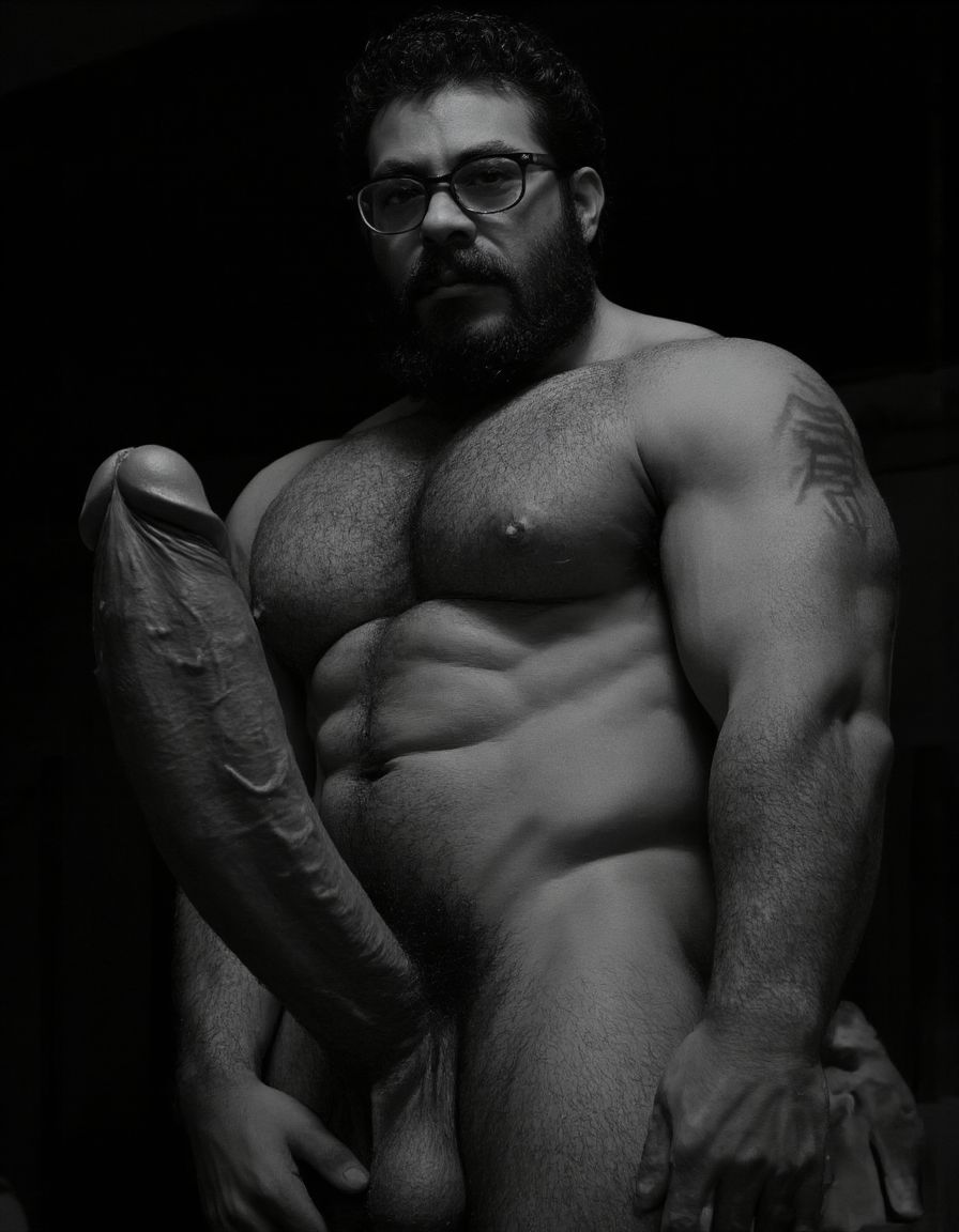 Fotografía hiperrealista en blanco y negro de un hombre adulto musculoso a la vista desde las rodillas para arriba hasta la cabeza, cuerpo muy delgado con musculación marcada y definida, rostro masculino, totalmente desnudo con polla erecta de treinta centímetros de longitud y ocho centímetros de diámetro, tiene rasgos marcados duros expresivos, barba densa poblada tupida oscura estilo hipster cubriendo completamente mandíbula mentón mejillas con grosor uniforme textura abundante muy definida, bigote denso tupido oscuro conectado perfectamente con la barba completa cubriendo completamente el labio superior, pelo oscuro medio peinado completamente recto hacia arriba con volumen considerable estilo hipster moderno quiff puntas verticales texturizadas hacia el cielo con altura prominente, cejas gruesas oscuras pobladas muy marcadas definidas, gafas de montura completa negra cuadradas grandes estilo hipster moderno sobre el puente de la nariz enmarcando unos ojos oscuros intensos que miran directamente a cámara con expresión seria penetrante confiada, expresión facial seria masculina sin sonrisa con mirada directa desafiante, pómulos marcados definidos angulares, nariz recta proporcionada, labios medios apenas visibles completamente cubiertos por bigote denso que conecta con la barba hipster completa, torso desnudo muy musculoso con pectorales enormes desarrollados y definidos, hombros anchos musculosos deltoide prominentes, brazos musculosos gruesos con bíceps y tríceps marcados visibles a ambos lados del cuerpo, abdomen tonificado marcado visible desde la cintura, piel con textura realista detallada poros imperfecciones sutiles, vello corporal denso oscuro abundante cubriendo pectorales abdomen brazos hombros con textura natural masculina muy visible, tatuaje en tinta negra en el bíceps del brazo derecho con la palabra exacta 