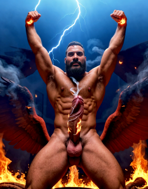 Diablo Satanás desnudo, pene grande y testículos oscuros, vello corporal abundante, bronceado, alas negras y rojas oscuras. Brazos hacia arriba, implorando rayos y fuego, ojos rojos grandes, barba, delgado, testículos visibles, ano expuesto, rodeado de llamas y humo, chorro de fuego rojo en pene erecto. Toro
