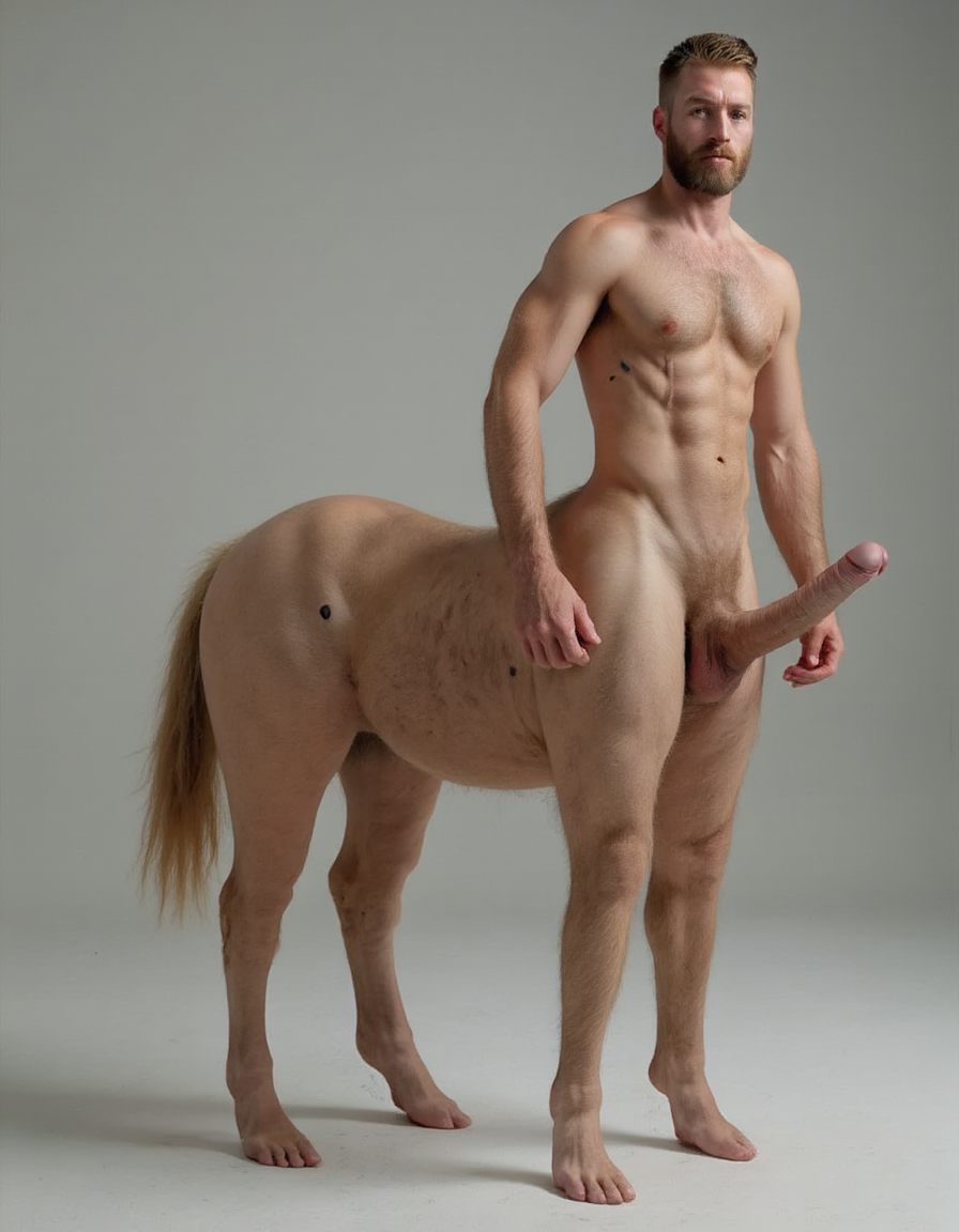 Caballo totalmente desnudo cuerpo entero con polla erecta gigante y huevos gordos entre las patas traseras 🫏, (solo tiene cuatro patas, no distorsión) es un macho viril. Tiene cabeza de hombre con torso peludo musculado y brazos peludos musculosos. Es un centauro masculino.