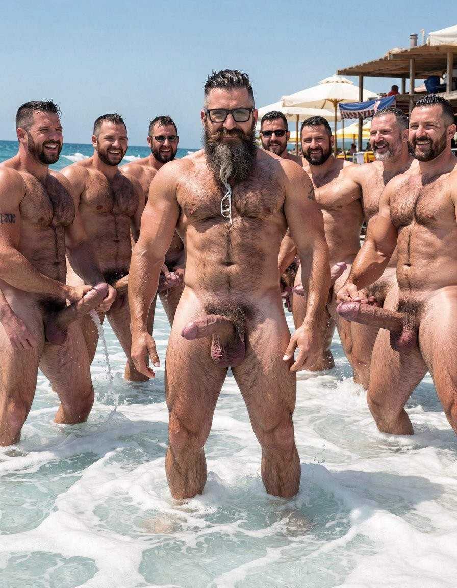 Photorealistic cinematic image at El Playazo nudist beach in Vera Playa, Almería, under intense bright midday Mediterranean sun. Hipsterbarba, 40-year-old Spanish muscle bear, exactly 180cm tall and 80kg with 8% body fat, stands waist-deep in turquoise sea water as strong waves crash around him creating white foam. He has an extremely dry and shredded six-pack with deep cuts and visible linea alba, dense black chest hair completely soaked and matted with thick ropes of white cum, a clear treasure trail of black hair running from his navel down to his thick black pubes also covered in semen. His pecs are rounded and developed with hard dark nipples, shoulders are wide and powerful, arms are highly vascular and muscular showing a small black tattoo that reads “hipsterbarba” on the right bicep, legs are thick and hairy with perfectly defined quads, hamstrings, adductors and calves. He has a modern high fade undercut hairstyle wet from seawater, an extremely long and perfectly groomed Bandholz beard that reaches almost to the middle of his chest now drenched in cum and salt water, a thick mustache with the longer ends curled upwards in elegant spirals, and black hipster horn-rimmed glasses on his serious dominant face.

He is surrounded in a tight circle by more than thirty extremely muscular and hairy macizos of different ethnicities, all completely naked, standing in the foamy waves and washing their big heavy cocks and balls with their own hands. Thick veiny shafts, some still half-hard and leaking the last drops of cum, are being scrubbed and rinsed under the crashing sea water. Heavy low-hanging balls are lifted, soaped and cleaned. White foam and seawater run down their carved abs and powerful hairy thighs. Some laugh loudly while others stare at Hipsterbarba with filthy smirks as they clean their massive tools. Sunlight glints off every wet hair, every drop of cum still clinging to Hipsterbarba’s chest and beard, and every ripple of the turbulent sea. The chiringuito El Pirata is clearly visible in the bright sunny background. Hyper-detailed realistic textures on skin, individual body hairs, thick semen strands, foamy waves and muscular definition. Sharp focus, authentic harsh midday lighting, raw explicit male group scene, maximum photorealism.
