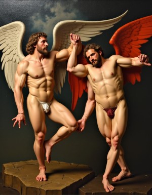 Pintura renacentista. calidad fotográfica. Siglo XVI. Hombres desnudos muy fornidos y musculosos volando con alas, uno es un ángel y el otro un diablo, tienen los penes erectos visibles, el diablo fuerza al Ángel a la lujuria,   la composición tiene los colores y el aspecto de un óleo renacentista, se ven los penes visibles y erectos