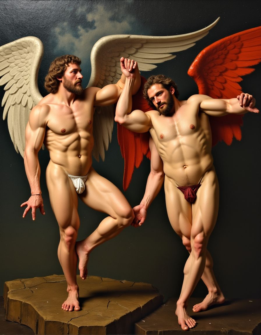 Pintura renacentista. calidad fotográfica. Siglo XVI. Hombres desnudos muy fornidos y musculosos volando con alas, uno es un ángel y el otro un diablo, tienen los penes erectos visibles, el diablo fuerza al Ángel a la lujuria,   la composición tiene los colores y el aspecto de un óleo renacentista, se ven los penes visibles y erectos