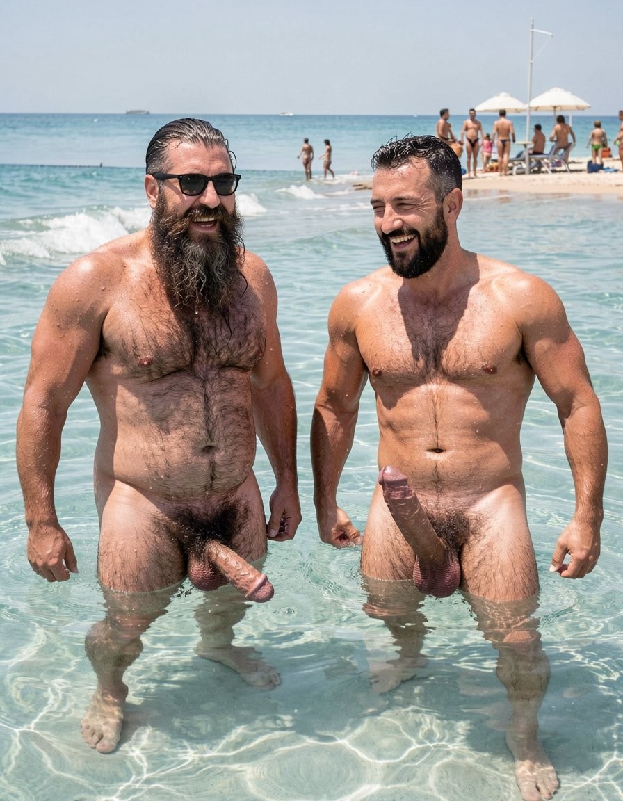 Photorealistic ultra-detailed cinematic midday shot at El Playazo nudist beach in Vera Playa, Almería. Hipsterbarba and Ferran swimming side by side in the clear turquoise Mediterranean sea, water up to their chests. Hipsterbarba is 40 years old, 180cm, 80kg, 8% body fat, zero belly, extremely dry and shredded six-pack with deep linea alba visible even through the water, dense black wet chest hair plastered flat against his massive rounded pecs, thick dark treasure trail disappearing into the water, powerful vascular shoulders and arms cutting through the surface, strong hairy quads kicking underwater. His high fade undercut is slicked back and dripping, extremely long thick well-groomed Bandholz beard floats heavily around his chest and navel completely soaked and tangled with seawater, big mustache with long curled spiral tips dripping water, black hipster glasses wet with droplets. His thick heavy veiny cock sways underwater with each kick, fat glans partially visible under the wet foreskin, heavy low-hanging hairy balls floating in the cool sea.

Ferran swims right beside him, 28 years old, competition shredded at 5% body fat, huge wet pecs and carved abs gleaming, narrow waist, massive veiny arms stroking powerfully, short dark wet stubble and high fade soaked. His long thick cock and heavy balls swing freely in the water with every movement.

Both men are breathing hard, laughing between strokes, faces and beards covered in seawater, strong Mediterranean sun creating sharp highlights on wet skin, individual water droplets flying off their arms and beards. Gentle waves around them, sandy seabed visible below, distant shore with naked men watching and chiringuito El Pirata in the background. Hyperrealistic water ripples and reflections, detailed wet hair and beard strands, raw explicit male bodies, cinematic bright midday lighting, sharp focus.