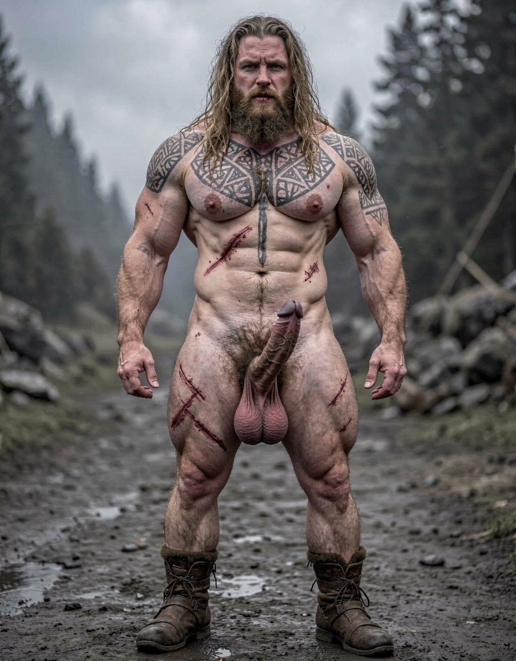 Amleth (Alexander Skarsgård) — Está de cuerpo entero desde los pies hasta la cabeza. Es el protagonista de la historia y es el príncipe vikingo que presencia el asesinato de su padre, el rey Aurvandil. Jura venganza y se convierte en un berserker implacable. Físicamente es una bestia: masivo, tatuado, cubierto de cicatrices, pelo largo y sucio. Su motivación es animal, casi mística. No es un héroe noble; es pura rabia y destino. ---
Altura imponente, unos 194 cm. Cuerpo masivo, musculatura densa y trabajada, no estilizada — parece esculpido a hachazos. Pectorales anchos y marcados y definidos, abdomen marcado pero muy definido como un culturista; es un cuerpo de 7% de grasa corporal, de guerrero que ha pasado años remando, luchando y matando. Hombros desproporcionadamente anchos, cintura más estrecha y pequeña. Brazos fuertes marcados y definidos con venas visibles en antebrazos y bíceps cuando empuña el hacha. Muslos poderosos, pantorrillas fibrosas. Piel pálida, casi grisácea bajo la suciedad y la sangre, cubierta de cicatrices: una grande que le cruza el torso, cortes menores en brazos y costillas. Tatuajes oscuros y densos — símbolos nórdicos, runas, líneas geométricas — que le cubren el pecho, los hombros y parte de la espalda. Vello corporal oscuro, especialmente en el pecho y el pubis. Cara angulosa, mandíbula cuadrada, pómulos marcados. Barba espesa y desigual, más larga en la barbilla, mezcla de rubio sucio y castaño claro, a menudo enmarañada. Pelo rubio sucio, largo, lacio, con mechones más oscuros por la mugre, a veces recogido. Cejas espesas, ojos azul pálido, mirada fija y desquiciada, con un brillo de locura contenida. Labios finos y agrietados. Cicatriz en el labio superior que le tira ligeramente la comisura. Su olor sería a cuero mojado, sudor rancio, hierro y tierra.
Tiene una polla proporcional a su tamaño de 22 cm de largo y 4 cm de ancho; está circuncidado, con el glande grueso y visible; el tronco del pene es largo, con venas marcadas que le recorren el lateral; tiene un vello púbico denso, oscuro, en forma de V invertida que le sube hasta el ombligo; tiene testículos grandes, colgando ligeramente asimétricos, con la piel del escroto arrugada y más clara que el resto del cuerpo; el pene erecto se curva ligeramente hacia arriba, con la cabeza bien definida y el frenillo tirante; su pene es una herramienta brutal, acorde con el berserker que la porta. Lleva sandalias vikingas en sus pies. 
