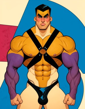 Hombre musculoso con arnés de cuero, estilo cubista, fragmentado en formas geométricas, colores vibrantes, sombras profundas, texturas rugosas, anatomía distorsionada, fondo abstracto.
