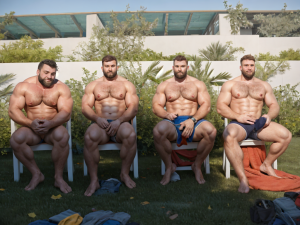Cuatro amigos heteros culturistas muestran su desarrollo muscular sentados en el jardín de la casa de estilo contemporáneo de uno de ellos, son barbudos y moderadamente velludos, tapan tímidamente su sexo. Luz de la tarde. 
