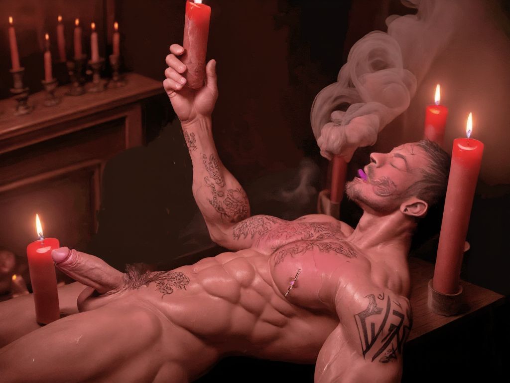 Dibujo realista. Un hombre desnudo sobre una mesa y rodeado de velas organiza una propia sesión satánica, está poseído en estado de trance y se clava agujas en los pezones. Tiene una gran erección. 