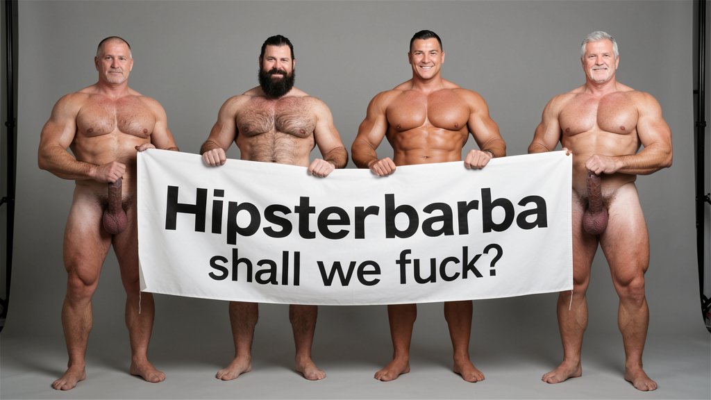 Four naked muscular men holding banner text Hipsterbarba ¿me amas? ultra high quality 8K photorealistic: El Comandante Spanish military leader 45 years short gray hair stern commanding face muscular trained body 185cm 85kg standing far left holding left edge of banner with both hands completely naked massive erect uncircumcised penis 25cm thick veiny shaft visible below banner heavy balls alpha dominant stance, Soldado Bartolo Spanish soldier 35 years thick dark full beard short hair very hairy muscular chest arms legs groin 180cm 80kg standing center-left holding banner completely naked large erect uncircumcised penis 18cm thick visible hairy balls masculine hairy build playful smirk, Superman alien superhero 195cm 100kg perfect bronzed smooth hairless skin short black hair with characteristic curl bright blue eyes massive superhuman muscles standing center-right holding banner completely naked enormous erect penis 23cm steel hard thick shaft visible smooth heavy balls god-like physique confident smile, General Rodolfo Castaños 60 years short gray military hair thick gray mustache experienced muscular body 175cm 75kg standing far right holding right edge of banner completely naked thick erect penis 20cm visible mature heavy balls military bearing knowing expression, all four men standing in horizontal row full body visible head to feet holding between them large white fabric banner at chest level with bold black letters spelling Hipsterbarba ¿follamos? question mark clearly readable professional typography banner stretched tight all four erect penises balls completely visible below banner military office background professional studio lighting 8K photorealistic resolution masterpiece quality inviting expressions.