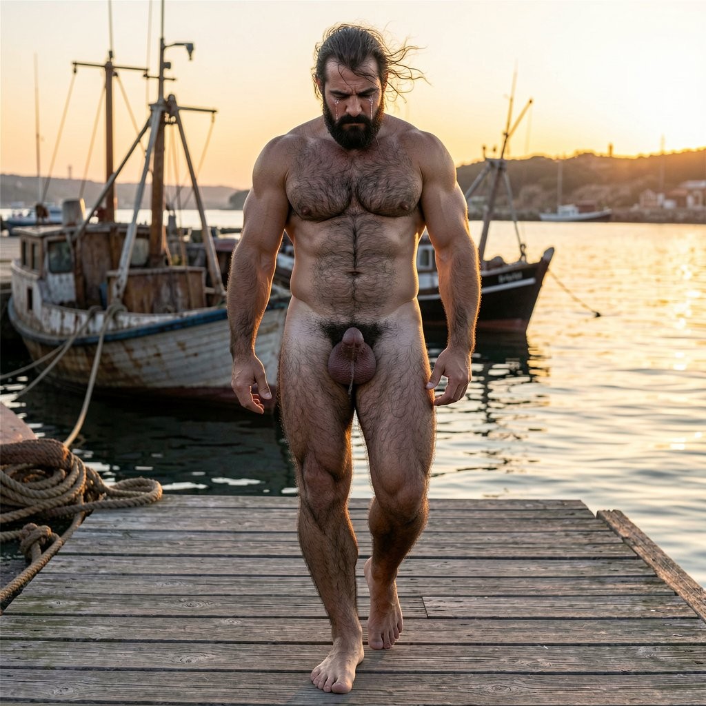 Ultra photorealistic 32k museum quality, cinematic golden hour lighting over the sea, perfect anatomy and proportions with zero distortion. Full body shot of Gayon Von Neumann walking alone on an old wooden pier at the maritime port. He is completely naked, 45 years old, 1.85m, 82kg, 4% body fat, brutally muscular and extremely hairy with thick black body hair covering his powerful chest, abs, arms and legs. Thick well-groomed black mustache, dense joined eyebrows, small intense dark eyes red from crying. His face shows deep sadness and loneliness, tears still running down his hard rural cheeks. He walks slowly with his head slightly down and shoulders a bit slumped, his massive 26cm thick veined cock hanging heavy and low between his powerful hairy legs, big low-hanging balls swinging with each step. The wind from the sea moves his body hair. Background of old fishing boats, calm sea and golden sunset light. Hyperrealistic skin texture, visible tears, detailed black body hair, natural sweat and sea wind effect, maximum realism, no surrealism, no deformation.