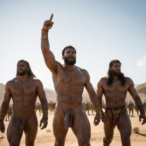 Jerjes 1º del imperio persa en el verano del año -480 marcha a pie. Hay dos luchadores que están desnudos con penes grades y testículos grandes y con mucho vello. Están en Helesponto luchando contra el rey Darío desnudo y de gran pene tieso hacia arriba. 