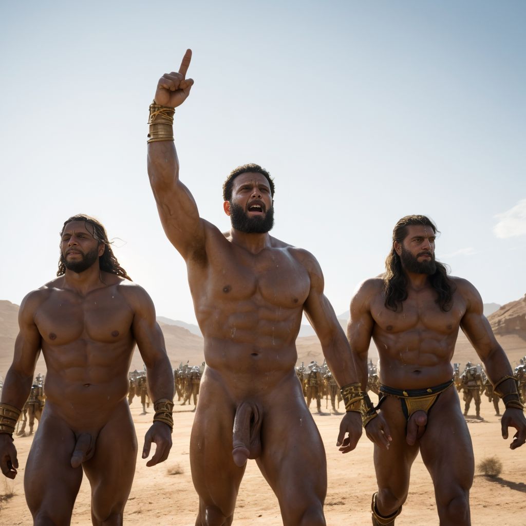 Jerjes 1º del imperio persa en el verano del año -480 marcha a pie. Hay dos luchadores que están desnudos con penes grades y testículos grandes y con mucho vello. Están en Helesponto luchando contra el rey Darío desnudo y de gran pene tieso hacia arriba. 