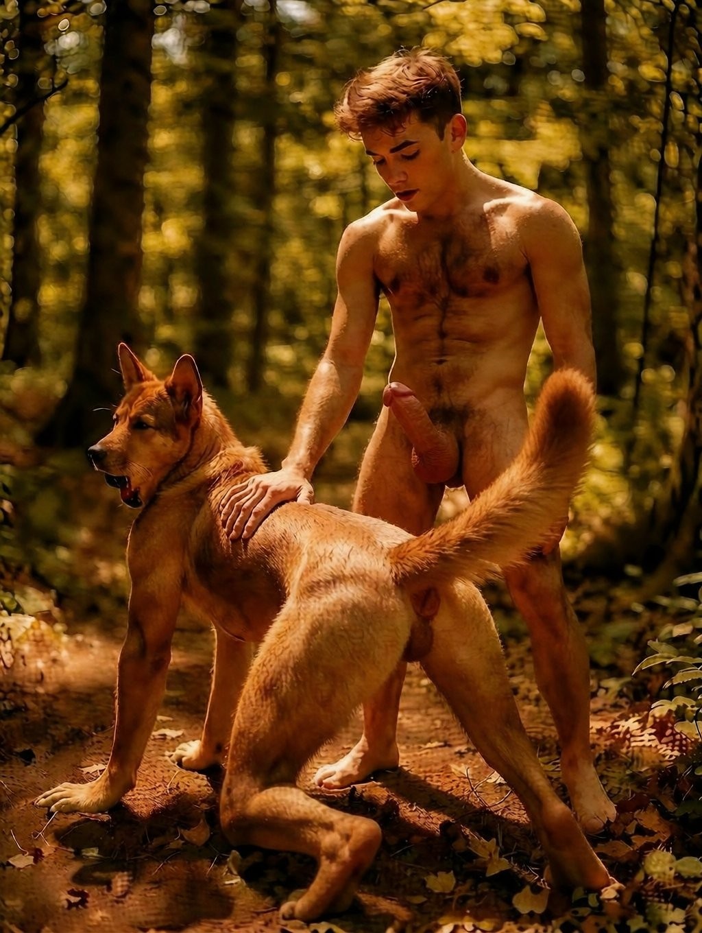 Un hombre desnudo aparece en un sendero de bosque iluminado por luz cálida, rodeado de árboles, hojas secas y vegetación otoñal. Está de pie junto a un perro grande de pelaje marrón, similar a un pastor, al que acaricia el lomo con una mano mientras mira hacia abajo. La escena tiene una composición muy sugerente por la cercanía física, la postura del animal y la desnudez frontal del hombre, con un ambiente natural, íntimo y cargado de tensión visual. La iluminación dorada, el fondo desenfocado y los tonos marrones refuerzan una estética de fotografía artística en exteriores.