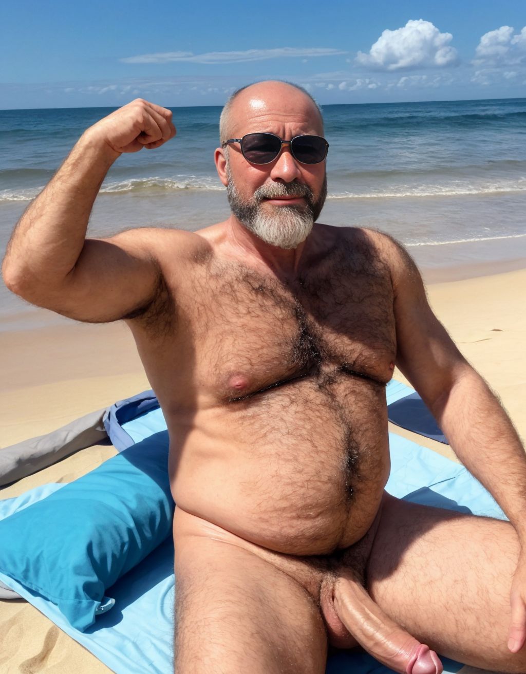 Hombre maduro de 60 años calvo, cara redonda, barrigudo, extremadamente velludo, barba morena, tumbado en la playa con gafas de sol, desnudo, masturbándose con pene erecto de 18 cm, piel bronceada, vello corporal abundante, ojos cerrados, expresión de placer, arena blanca, sol brillante, mar al fondo.