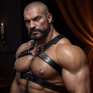 Un hombre musculoso y calvo posa con el torso desnudo, mirada intensa y expresión seria, destacando una barba espesa, cejas marcadas y un pendiente pequeño en la oreja. Lleva un arnés negro de cuero con hebillas metálicas y remaches que cruza el pecho y rodea el torso, acentuando sus pectorales, abdominales y brazos muy definidos. La piel brillante resalta bajo una iluminación dramática de estudio, con sombras profundas que refuerzan una estética dominante y sensual. Al fondo aparecen cortinas oscuras de tono cálido y una vela encendida desenfocada, creando un ambiente íntimo, teatral y elegante.