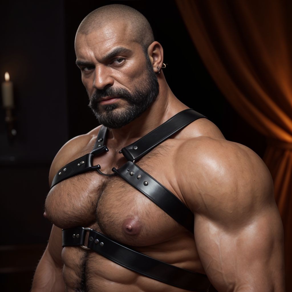 Un hombre musculoso y calvo posa con el torso desnudo, mirada intensa y expresión seria, destacando una barba espesa, cejas marcadas y un pendiente pequeño en la oreja. Lleva un arnés negro de cuero con hebillas metálicas y remaches que cruza el pecho y rodea el torso, acentuando sus pectorales, abdominales y brazos muy definidos. La piel brillante resalta bajo una iluminación dramática de estudio, con sombras profundas que refuerzan una estética dominante y sensual. Al fondo aparecen cortinas oscuras de tono cálido y una vela encendida desenfocada, creando un ambiente íntimo, teatral y elegante.