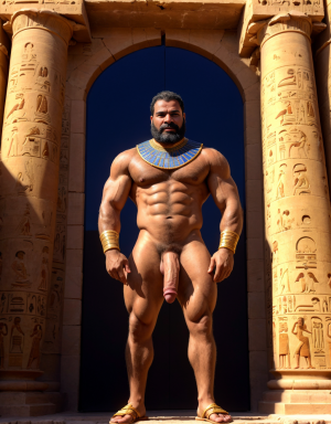 Useref Re desnudo príncipe heredero del faraón Userkaf de la ciudad egipcia Saqqara junto a una puerta falsa de granito rosa. Año -2455 antes de Cristo. Monumental estela de falsa puerta. Está desnudo. Tiene sandalias. Está delgado y musculoso. Tiene mucho vello. Tiene pene enorme. Tiene testículos grandes redondos y largos. 