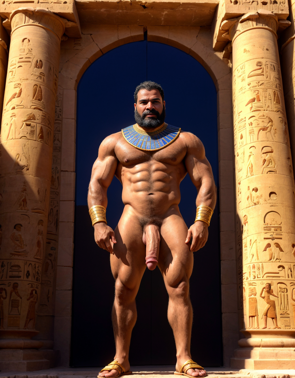 Useref Re desnudo príncipe heredero del faraón Userkaf de la ciudad egipcia Saqqara junto a una puerta falsa de granito rosa. Año -2455 antes de Cristo. Monumental estela de falsa puerta. Está desnudo. Tiene sandalias. Está delgado y musculoso. Tiene mucho vello. Tiene pene enorme. Tiene testículos grandes redondos y largos. 