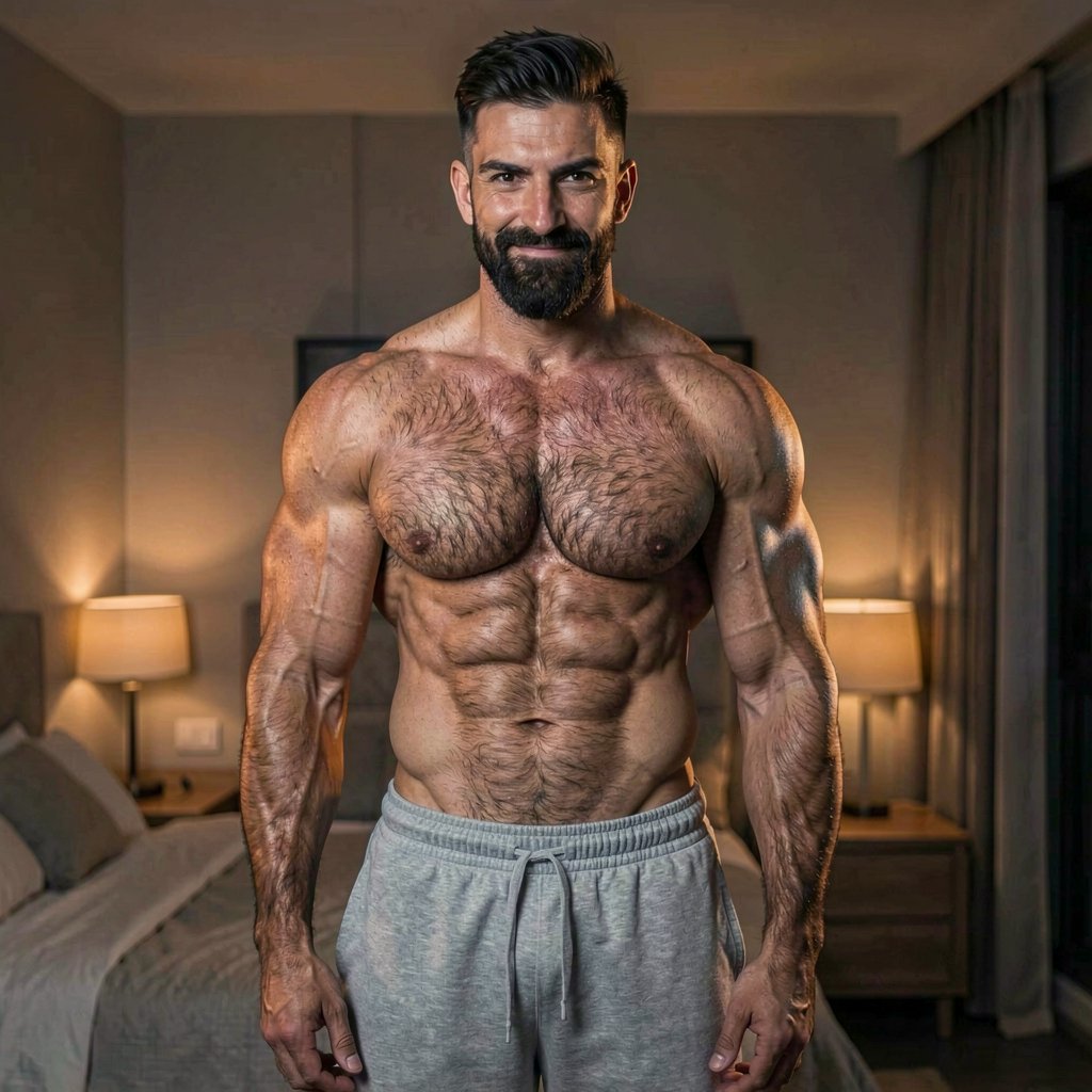A dominant muscular Spanish man in his mid-30s, short dark hair with a fade, thick stubble, intense dark eyes staring straight at the viewer with a cocky smirk. He is shirtless, showing a very hairy chest, defined abs and thick arms covered in veins, wearing only low-hanging grey sweatpants that clearly outline a massive bulge. Standing in a dimly lit modern bedroom with warm side lighting that highlights every muscle and the hair on his torso, cinematic atmosphere, highly detailed, realistic.