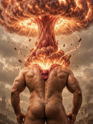 Un hombre desnudo y extremadamente musculoso aparece de espaldas en un paisaje apocalíptico, con los glúteos visibles y el cuerpo cubierto de tensión, venas y marcas rojizas. En lugar de cabeza, de su cuello brota una explosión orgánica gigantesca, como una nube de hongo nuclear formada por carne, fuego, humo y raíces retorcidas, iluminada por destellos anaranjados y rayos eléctricos. Fragmentos de roca y escombros flotan alrededor mientras el cielo gris y tormentoso envuelve una ciudad destruida al fondo, creando una escena de horror corporal, poder destructivo, mutación grotesca y cataclismo sobrenatural con estética oscura y dramática.