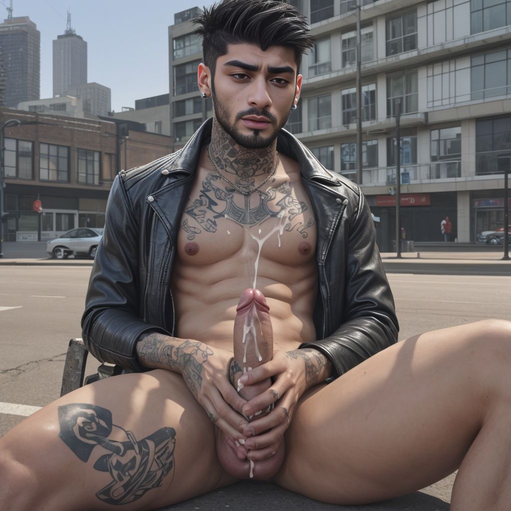 zayn, sentado en la carretera, masturbando su polla gigante, sexy face, tatoos,,desnudo con chaqueta de cuero