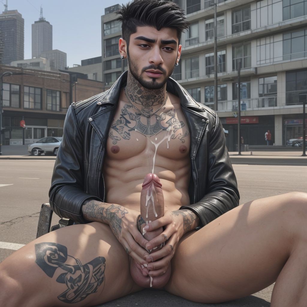 zayn, sentado en la carretera, masturbando su polla gigante, sexy face, tatoos,,desnudo con chaqueta de cuero