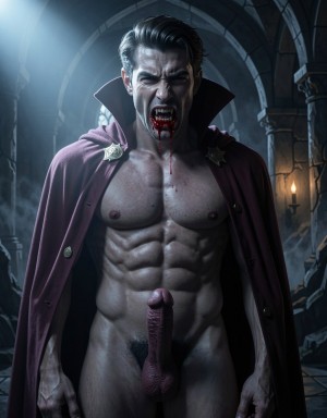 Muscular vampire with a gothic aesthetic posing nude in a dark crypt, with an open burgundy high-collared cape that reveals his defined torso, marked abs, pubic hair, and visible penis. His expression is fierce, with his mouth open, bloodied fangs, and a trickle of blood running down his chin, reinforcing a monstrous and threatening appearance. His black hair slicked back, pale skin, and cold lighting create a sinister atmosphere, while the stone arches, shadows, fog, and a lit candle in the background evoke an ancient castle, vampire horror, and dark fantasy.