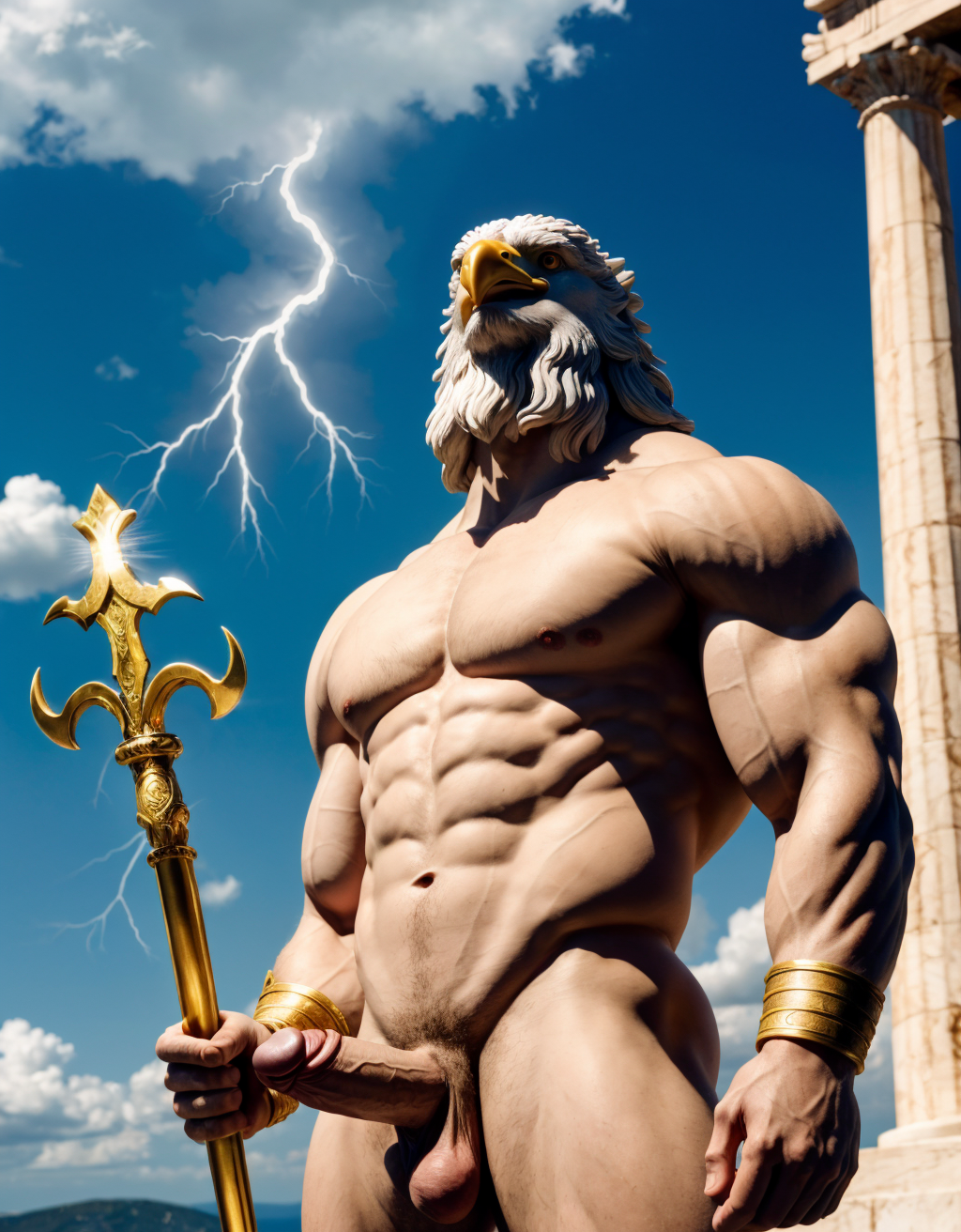 Zeus es el dios supremo del Olimpo en la mitología griega. Está desnudo. Es conocido por controlar el cielo, los truenos y los rayos, y se le representa con un águila y un cetro. Tiene pene grande. Tiene testículos muy grandes.