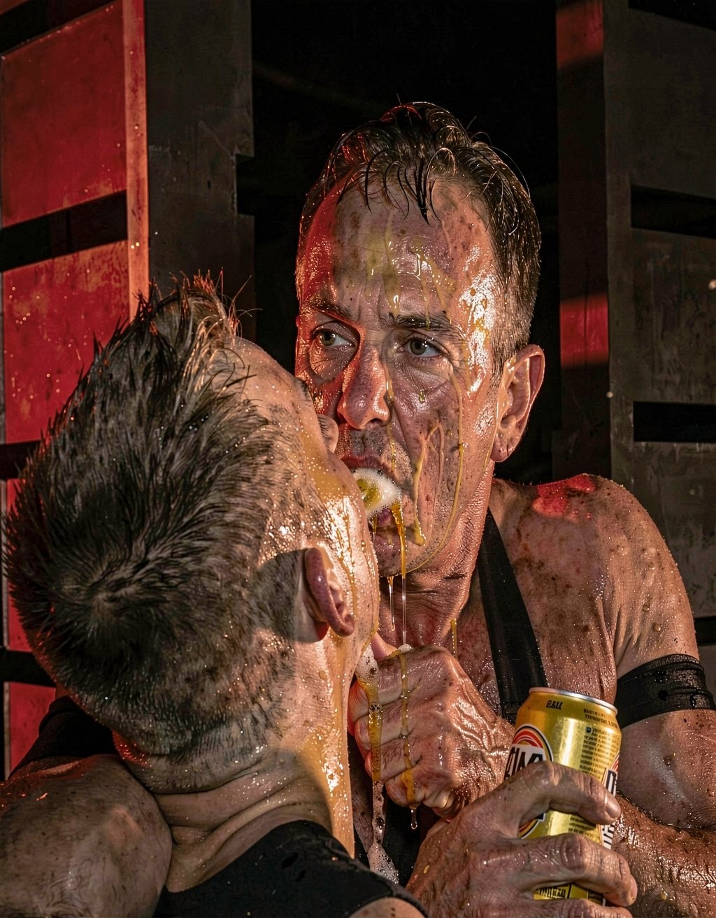 Dos hombres sin camiseta aparecen muy juntos en una escena intensa y caótica, cubiertos de líquido espeso amarillento que les cae por la cara, el cuello, los hombros y el pecho, con la piel brillante y empapada bajo una iluminación rojiza y oscura. El hombre de la derecha, con el pelo mojado hacia atrás, expresión seria y mirada fija, sostiene una lata amarilla de bebida mientras el otro, visto de perfil y con el pelo corto, se acerca a su boca en un gesto provocador y físico. El ambiente recuerda a un espectáculo de lucha, performance o fiesta extrema, con estructuras negras y rojas al fondo, cuerpos sudados, suciedad, bebida derramada y una atmósfera agresiva, húmeda y visceral.